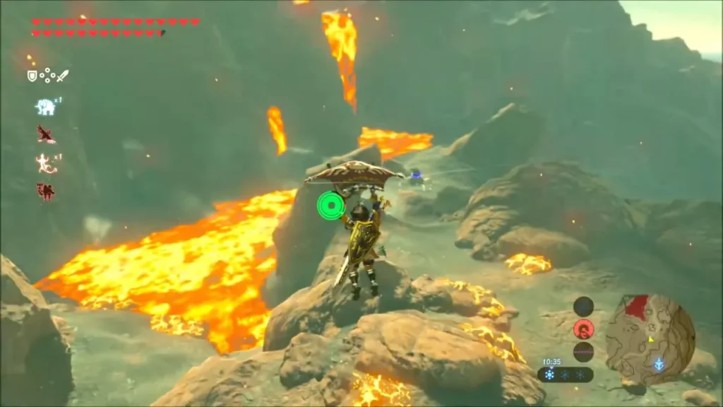 Link gliding past lava channels in the Eldin hills Link gliding past lava channels in the Eldin hills