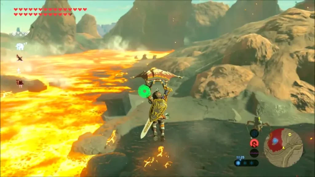 Link gliding above a wide lava lake near Goronbi Lake Link gliding above a wide lava lake near Goronbi Lake