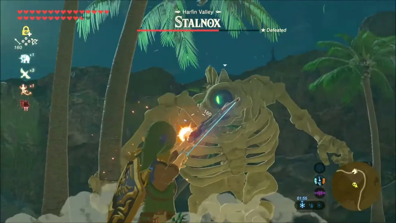 Link shooting the glowing eye of the Stalnox among palm trees Link shooting the glowing eye of the Stalnox among palm trees