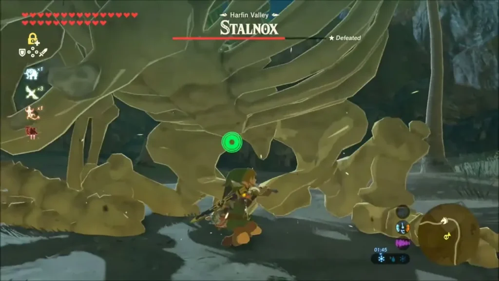 Link crouched beneath the Stalnox skeleton in Harfin Valley Link crouched beneath the Stalnox skeleton in Harfin Valley