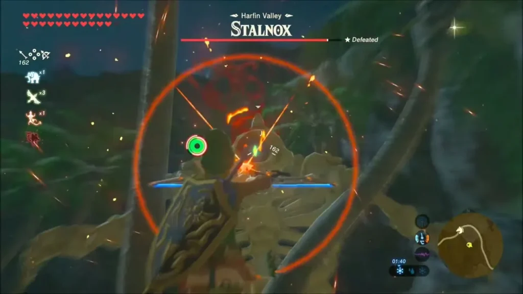 Link aiming a fire arrow at the Stalnox in Harfin Valley at night Link aiming a fire arrow at the Stalnox in Harfin Valley at night