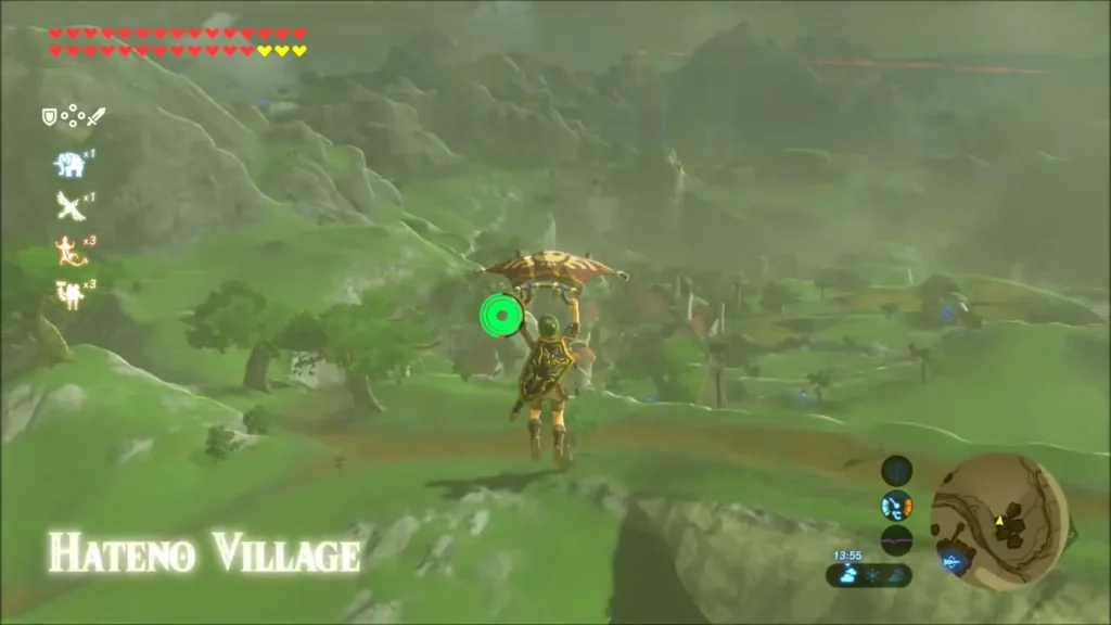 Link gliding over green hills toward Hateno Village Link gliding over green hills toward Hateno Village