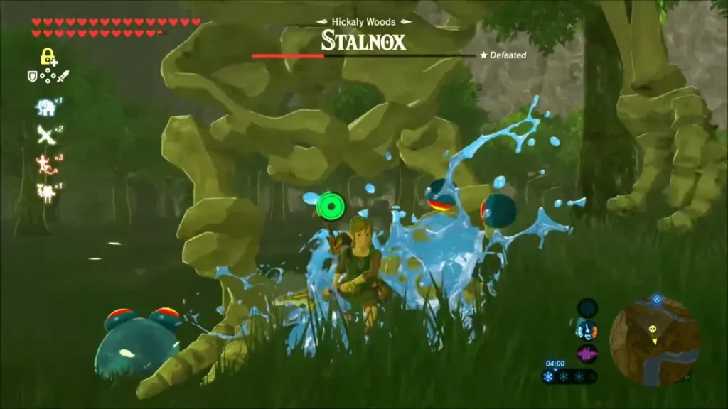 Link fighting beside the giant Stalnox skeleton in Hickaly Woods Link fighting beside the giant Stalnox skeleton in Hickaly Woods
