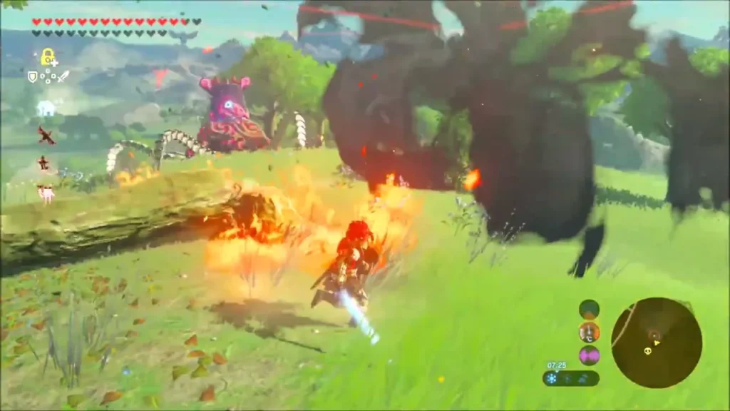 Link dodging a Hinox while a Guardian stands behind in the meadow Link dodging a Hinox while a Guardian stands behind in the meadow