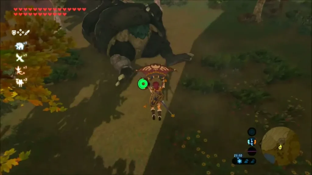 Link gliding toward a sleeping Hinox in the autumn woods Link gliding toward a sleeping Hinox in the autumn woods