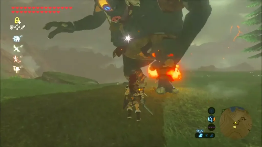 Link close to the Hinox legs after a Bomb Arrow hit at Aldor Foothills Link close to the Hinox legs after a Bomb Arrow hit at Aldor Foothills