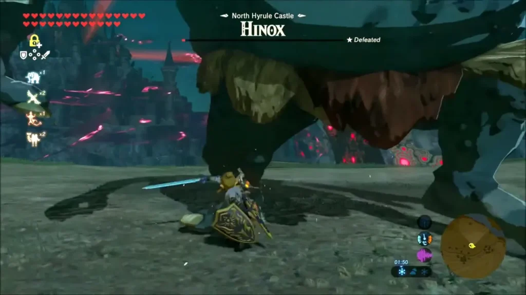 Link beside the defeated Hinox in the North Hyrule Castle field Link beside the defeated Hinox in the North Hyrule Castle field