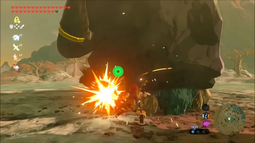 Link striking a Hinox's foot among dead trees in the dry valley Link striking a Hinox's foot among dead trees in the dry valley