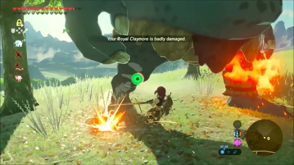 Link fighting a Hinox up close in the meadow with an explosion at its leg Link fighting a Hinox up close in the meadow with an explosion at its leg