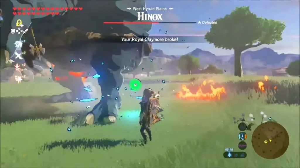 Link fighting a Hinox beside burning grass on West Hyrule Plains Link fighting a Hinox beside burning grass on West Hyrule Plains
