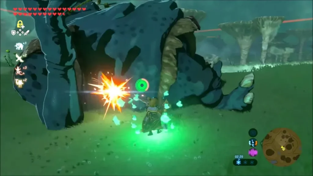 Link slashing a downed Hinox in the Seres Scablands Link slashing a downed Hinox in the Seres Scablands