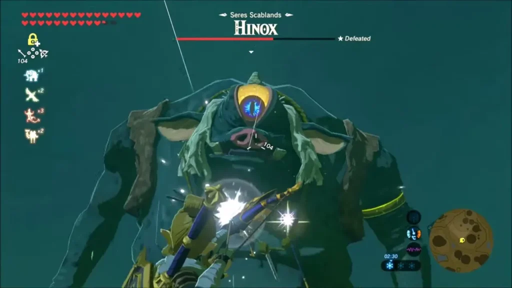 Link shooting a Hinox in its glowing eye with a bow Link shooting a Hinox in its glowing eye with a bow