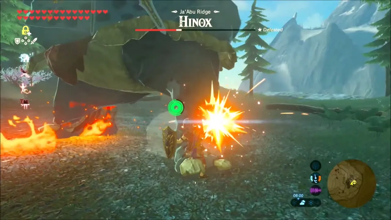 Link striking the Hinox of Ja'Abu Ridge with flames at its feet Link striking the Hinox of Ja'Abu Ridge with flames at its feet