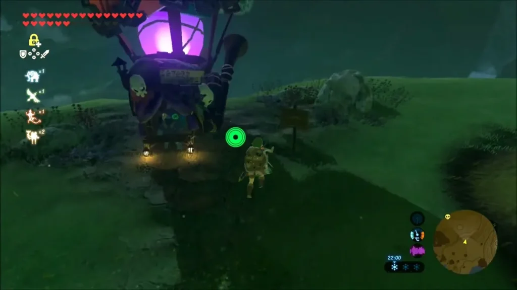 Link approaching Kilton's glowing monster-shop stall on the hillside at night Link approaching Kilton's glowing monster-shop stall on the hillside at night