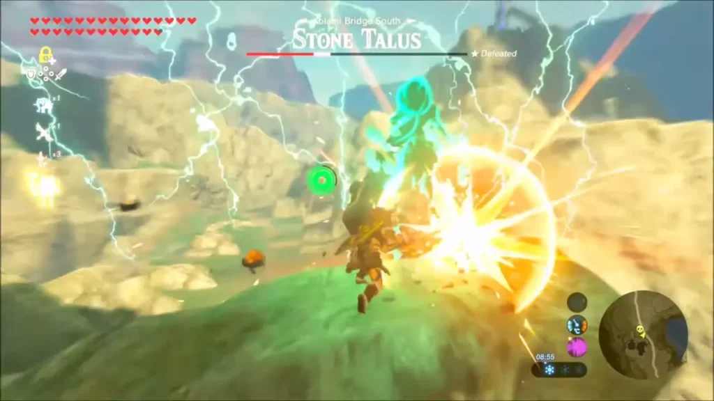 Link striking the Stone Talus ore amid lightning near Kolami Bridge Link striking the Stone Talus ore amid lightning near Kolami Bridge