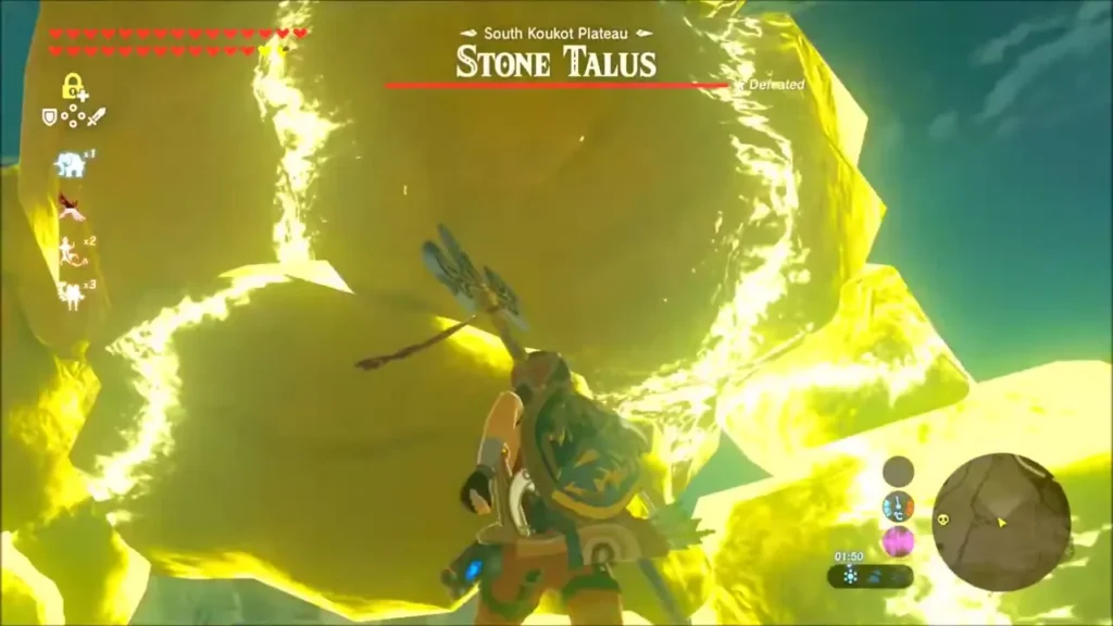 Link standing on a stunned yellow-glowing Stone Talus at South Koukot Plateau Link standing on a stunned yellow-glowing Stone Talus at South Koukot Plateau