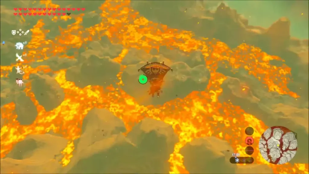 Link gliding over cracked rock and glowing lava toward Lake Darman Link gliding over cracked rock and glowing lava toward Lake Darman