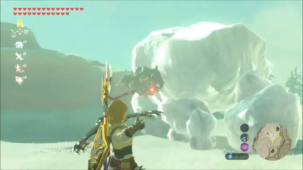 Link aiming a bow at an ice-covered Frost Talus on Laparoh Mesa Link aiming a bow at an ice-covered Frost Talus on Laparoh Mesa