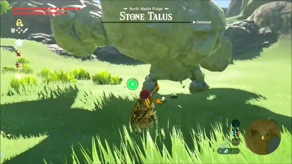 Link standing before the towering Stone Talus with its North Mable Ridge health bar Link standing before the towering Stone Talus with its North Mable Ridge health bar