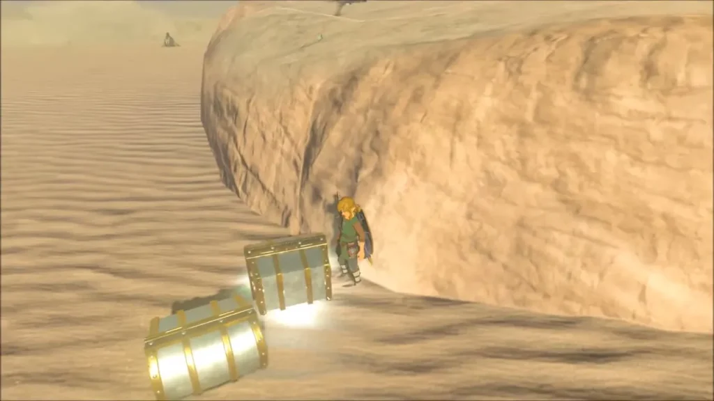 Two chests glowing beside the edge of a dune after the Molduga falls Two chests glowing beside the edge of a dune after the Molduga falls