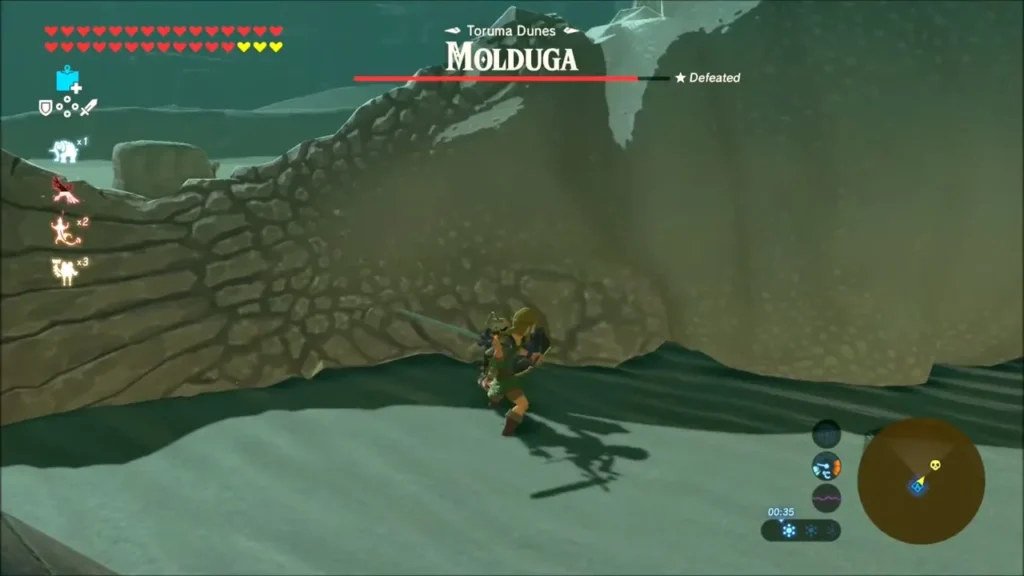 The Molduga's rocky back sweeping past Link beside the shrine The Molduga's rocky back sweeping past Link beside the shrine