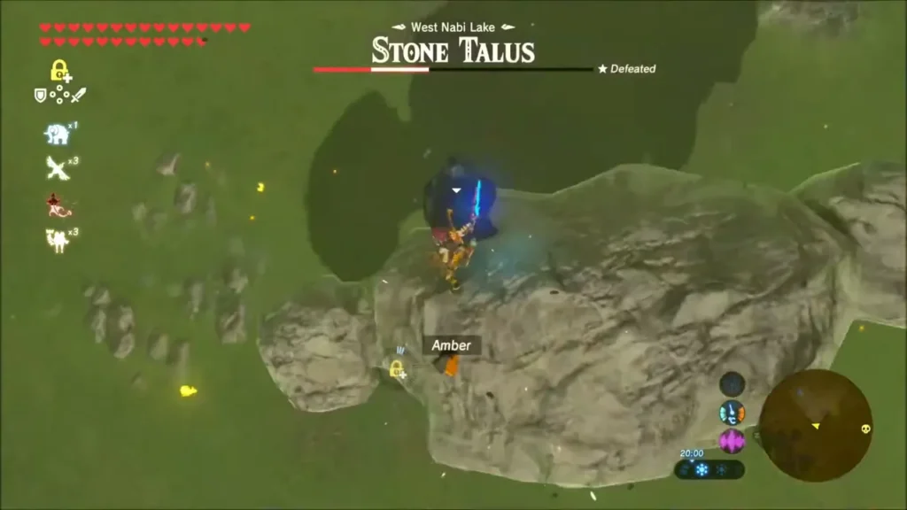 Link attacking the Stone Talus ore at West Nabi Lake with an amber dropping nearby Link attacking the Stone Talus ore at West Nabi Lake with an amber dropping nearby