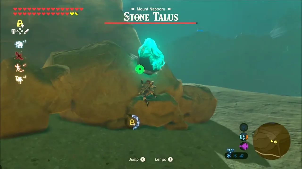 Link climbing a Stone Talus on Mount Nabooru toward the glowing ore Link climbing a Stone Talus on Mount Nabooru toward the glowing ore