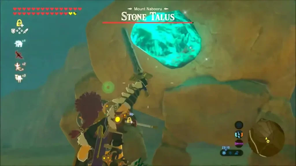 Link swinging a weapon at the glowing ore on the Mount Nabooru Stone Talus Link swinging a weapon at the glowing ore on the Mount Nabooru Stone Talus