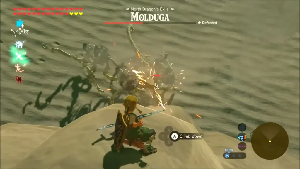 Link crouched on a dune above the Molduga at North Dragon's Exile, its health bar at the top Link crouched on a dune above the Molduga at North Dragon's Exile, its health bar at the top