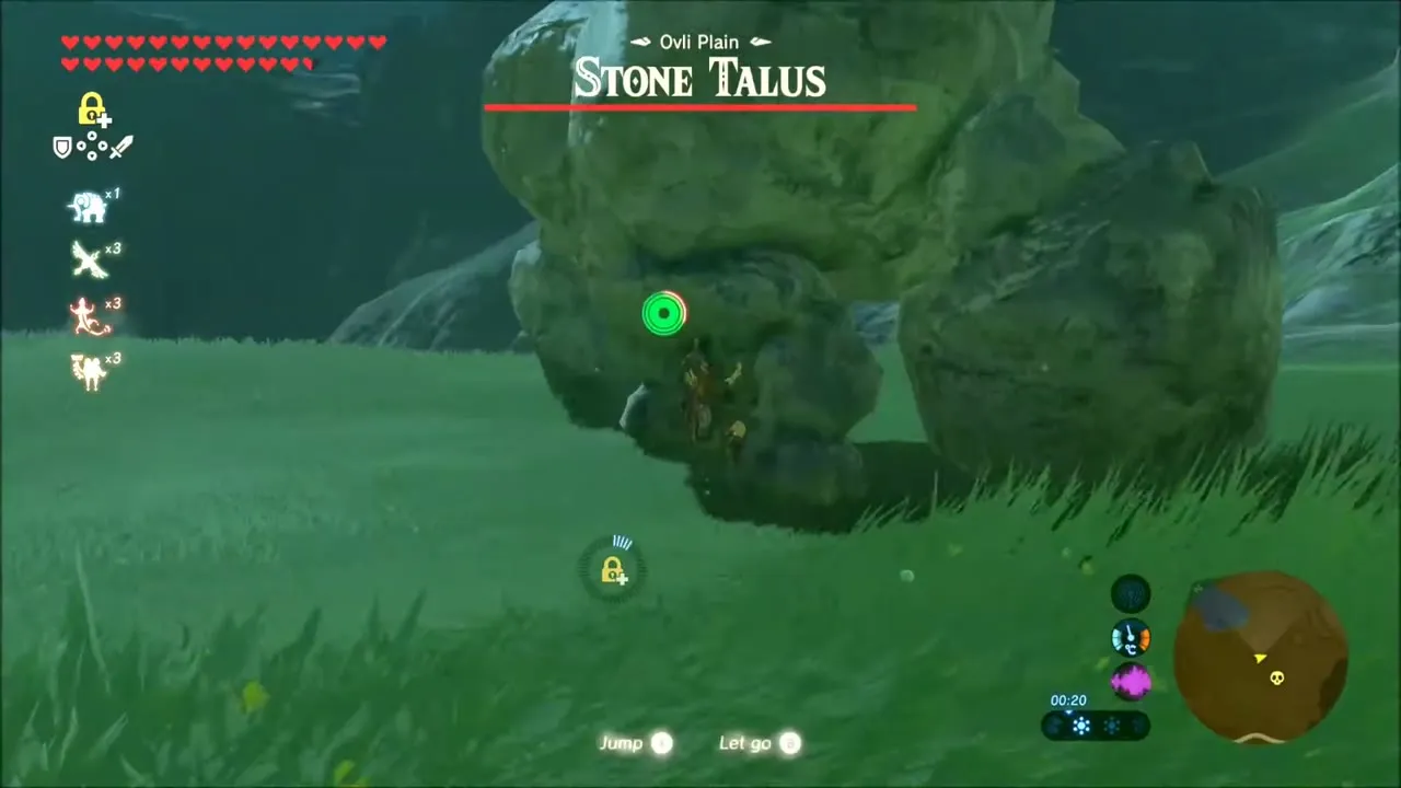 Link clinging to the legs of the Stone Talus at Ovli Plain Link clinging to the legs of the Stone Talus at Ovli Plain