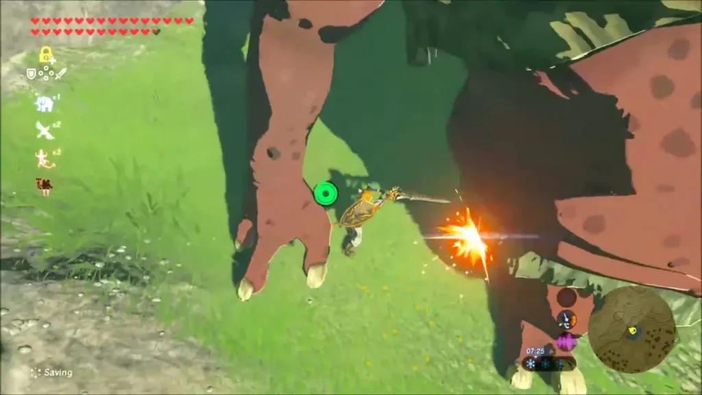 Link striking the downed Hinox at Purifier Lake Link striking the downed Hinox at Purifier Lake