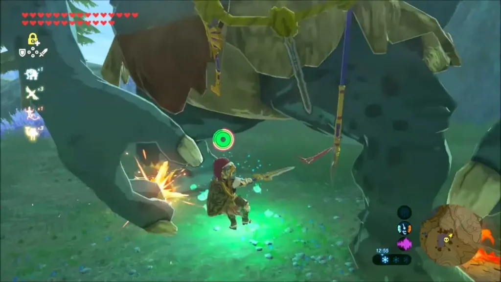 Link striking the Hinox's foot while it is down Link striking the Hinox's foot while it is down