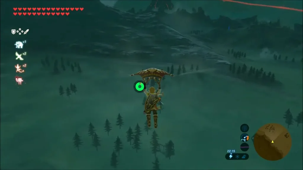 Link gliding over dark pine woods toward Rowan Plain at night Link gliding over dark pine woods toward Rowan Plain at night