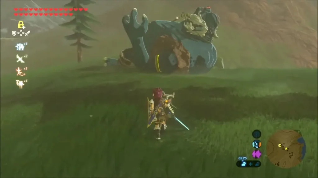 Link approaching a sleeping Hinox on a green hillside at Aldor Foothills Link approaching a sleeping Hinox on a green hillside at Aldor Foothills