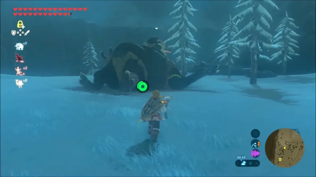 Sleeping Hinox lying in a snowy valley as Link approaches Sleeping Hinox lying in a snowy valley as Link approaches