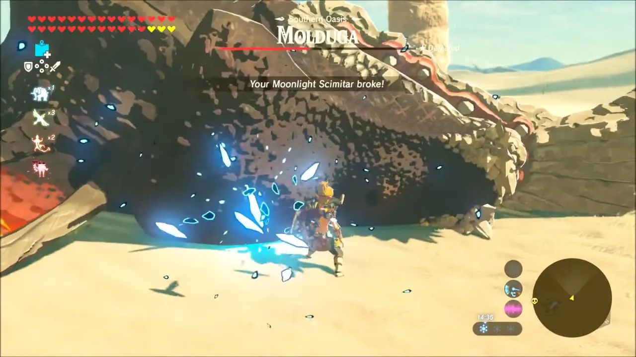 Link striking the stunned Molduga as his scimitar shatters in blue shards Link striking the stunned Molduga as his scimitar shatters in blue shards