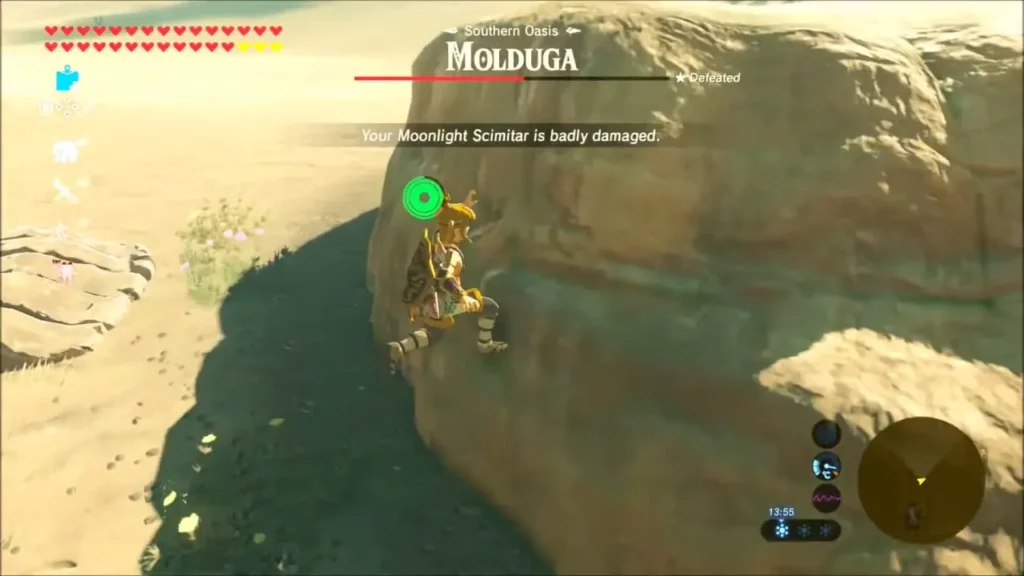 Link climbing a rock ledge in the Southern Oasis to escape the Molduga Link climbing a rock ledge in the Southern Oasis to escape the Molduga