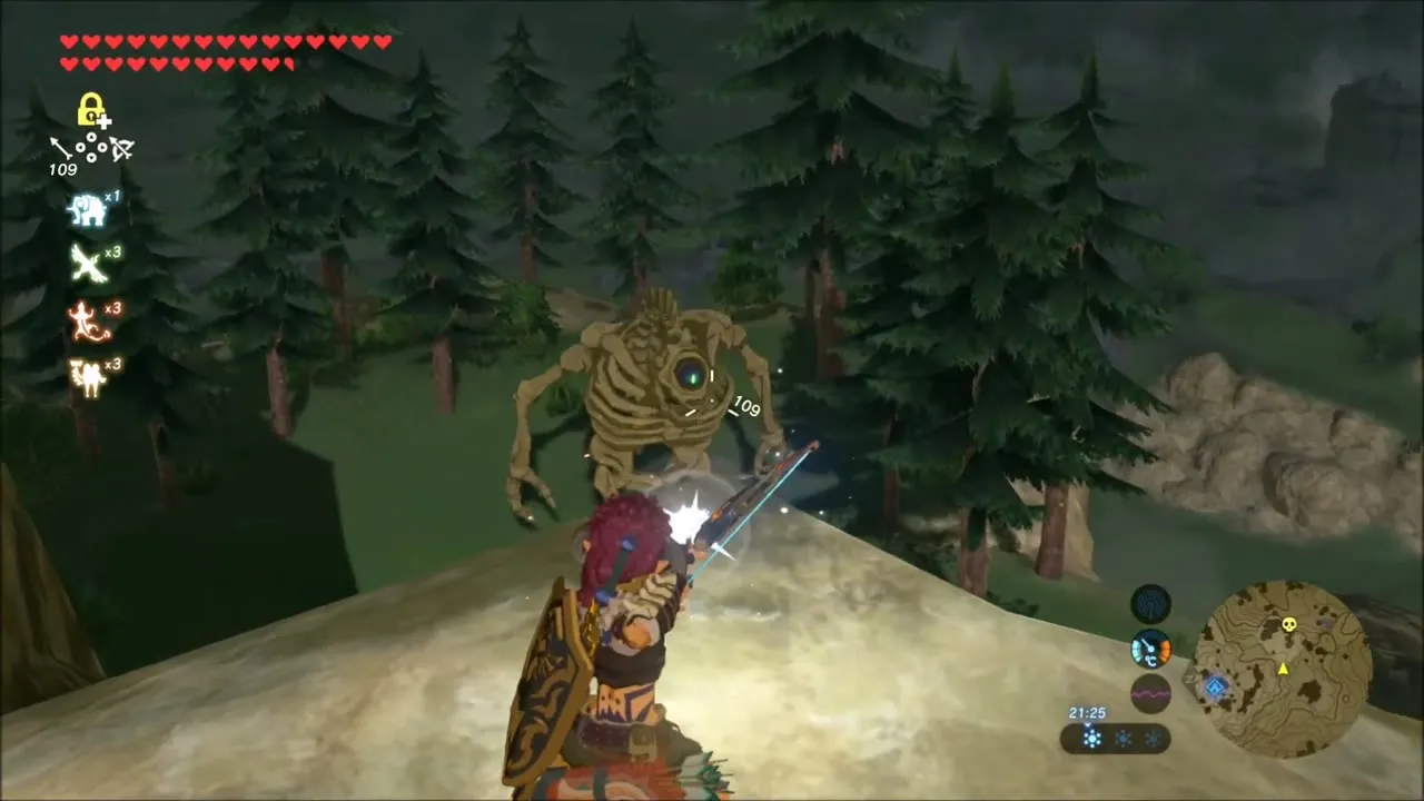 Link aiming a bow at a Stalnox among the pines of Satori Mountain at night Link aiming a bow at a Stalnox among the pines of Satori Mountain at night