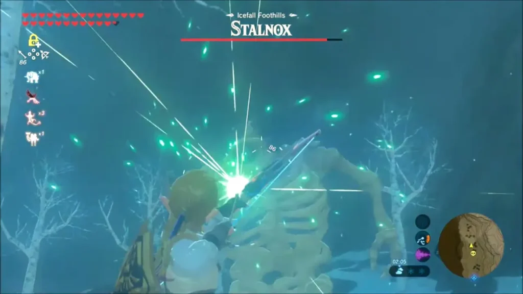 Link shooting an arrow at the Stalnox eye at Icefall Foothills Link shooting an arrow at the Stalnox eye at Icefall Foothills