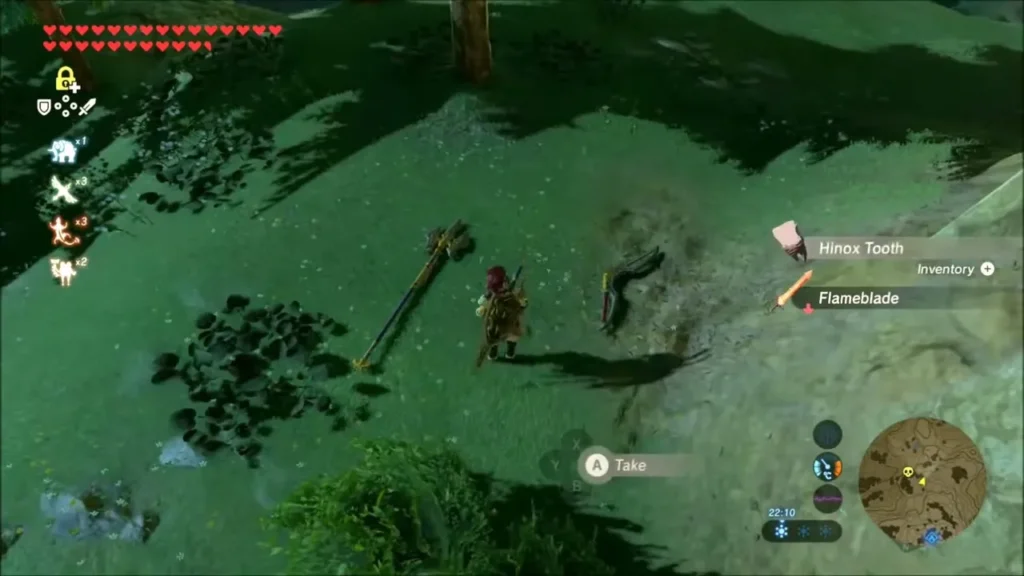 Link picking up a Hinox Tooth left where the Stalnox fell Link picking up a Hinox Tooth left where the Stalnox fell