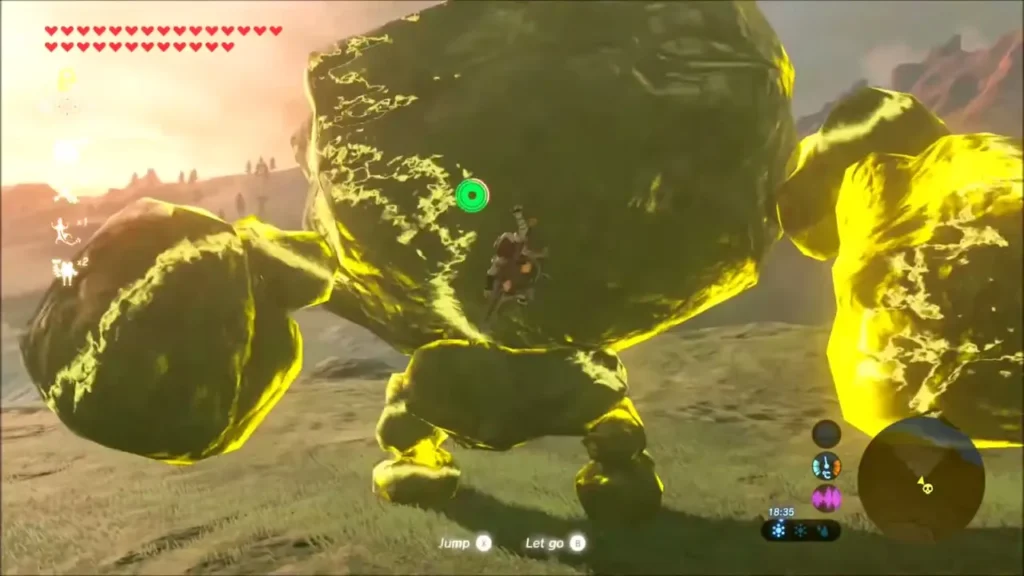 Link climbing the back of a glowing Stone Talus Link climbing the back of a glowing Stone Talus