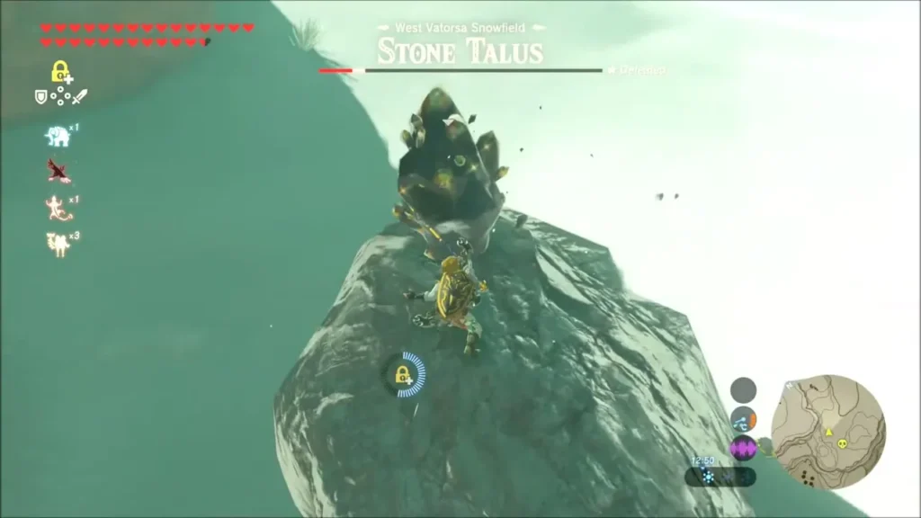 Link standing on the Stone Talus's back beside its glowing ore deposit Link standing on the Stone Talus's back beside its glowing ore deposit