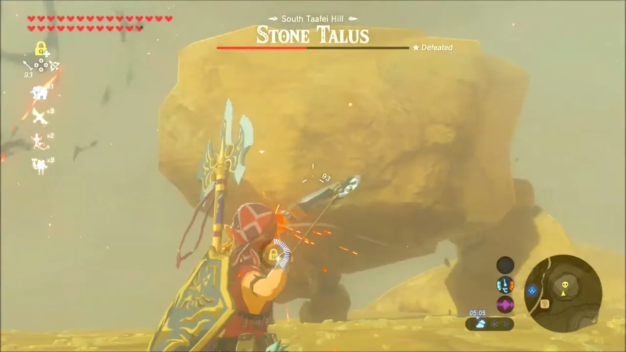 Link drawing a bow at the Stone Talus as sparks fly Link drawing a bow at the Stone Talus as sparks fly