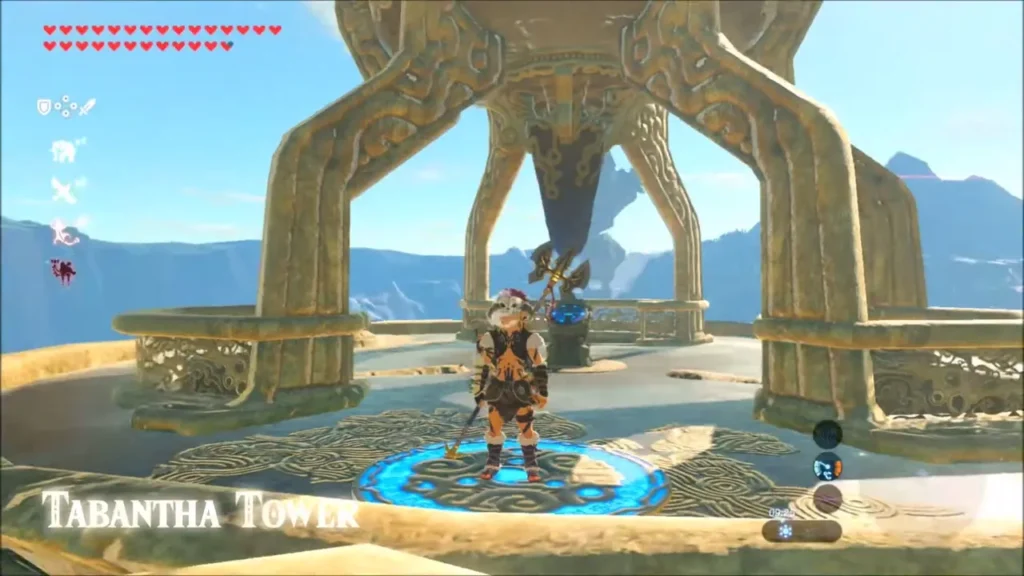 Link standing on the Tabantha Tower warp platform Link standing on the Tabantha Tower warp platform