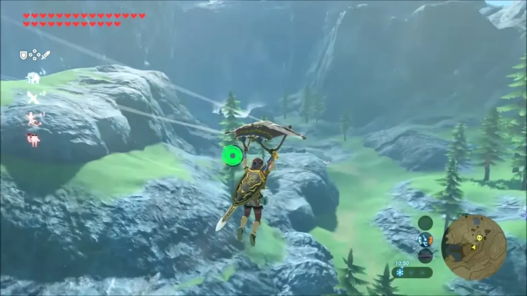 Link gliding down a river valley beneath cliffs and a waterfall Link gliding down a river valley beneath cliffs and a waterfall