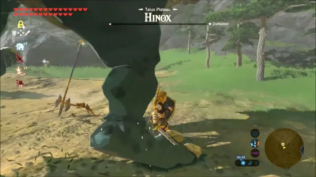 Talus Plateau Hinox defeated, Link beside its huge foot Talus Plateau Hinox defeated, Link beside its huge foot