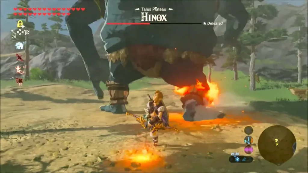 Hinox on Talus Plateau burning at the feet as Link attacks Hinox on Talus Plateau burning at the feet as Link attacks