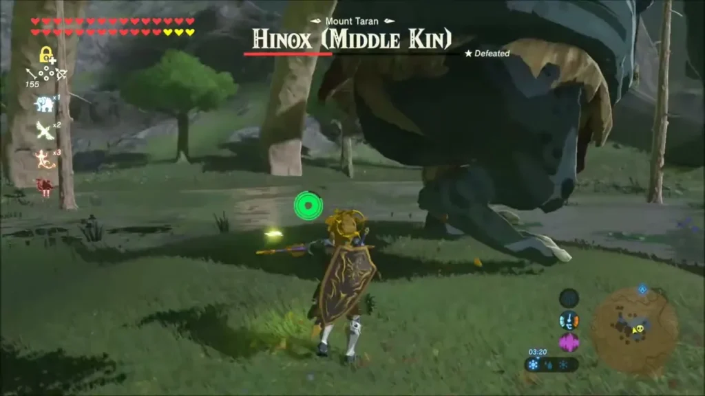 Link facing the Middle Kin Hinox on grass at Mount Taran Link facing the Middle Kin Hinox on grass at Mount Taran
