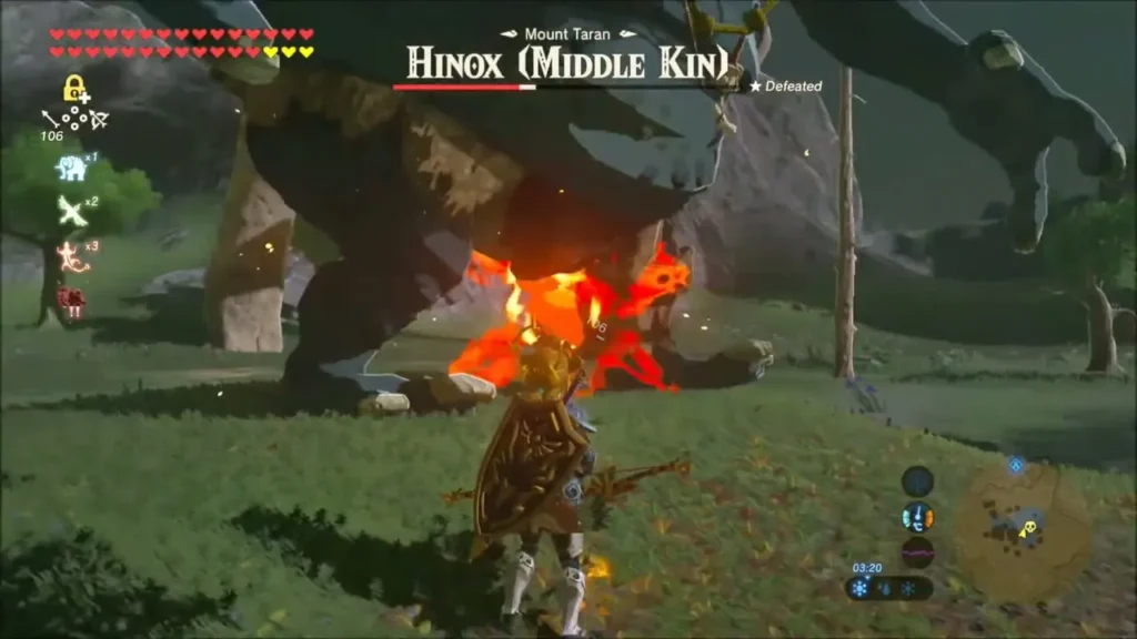 Link attacking the Middle Kin Hinox foot as flames burst out Link attacking the Middle Kin Hinox foot as flames burst out