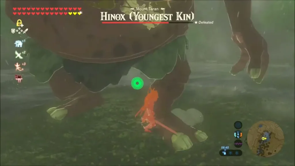 Link slashing the leg of the Youngest Kin Hinox in the rain Link slashing the leg of the Youngest Kin Hinox in the rain
